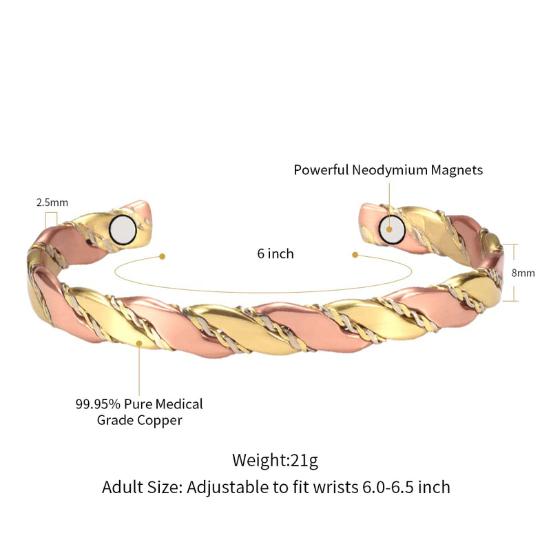 [Australia] - EnerMagiX Tri Tone Magnetic Copper Weave Bracelets for Women or Men, Copper Bangle with 8 Magnets, Adjustable Size, Women's Day Gift 