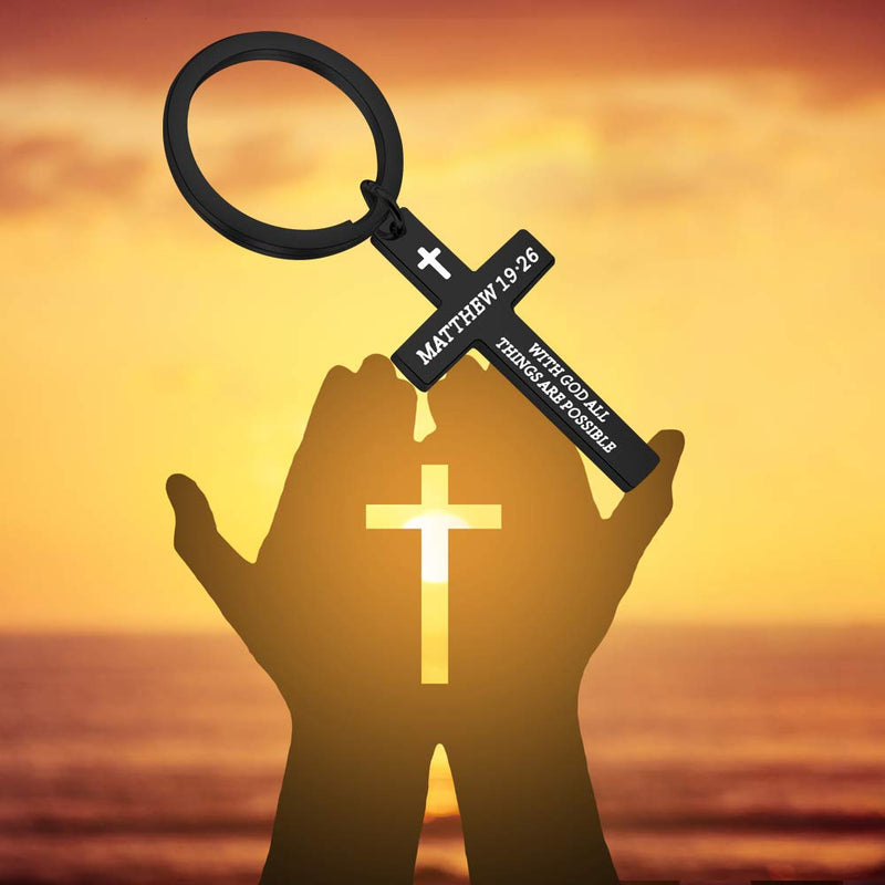 [Australia] - KUIYAI Matthew 19:26 with God All Things are Possible Cross Religious Keychain Christian Gift Bible Verse Inspirational Keyring Black keychain 