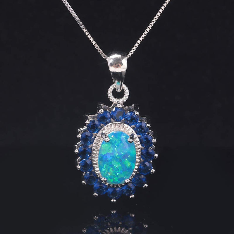 [Australia] - CiNily 14K White Gold Plated Opal Pendant Necklace-Flower/Oval Shap Necklace Gemstone Women Girls Jewelry Gift flower-sapphire 