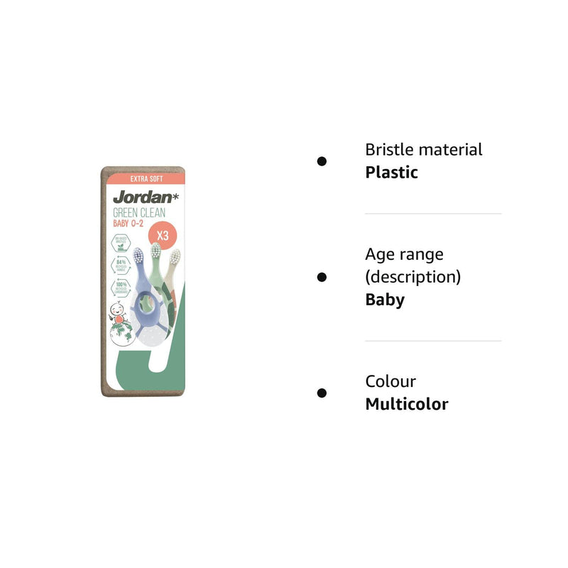 [Australia] - Jordan ® | Step 1 Green Clean Toddler Toothbrush | Sustainable Baby Toothbrush 0-2 Years | Bio Based Extra Soft bristles, 84% Recycled Handle, Soft Biting Ring | Mixed Colors | Pack 3 Units 