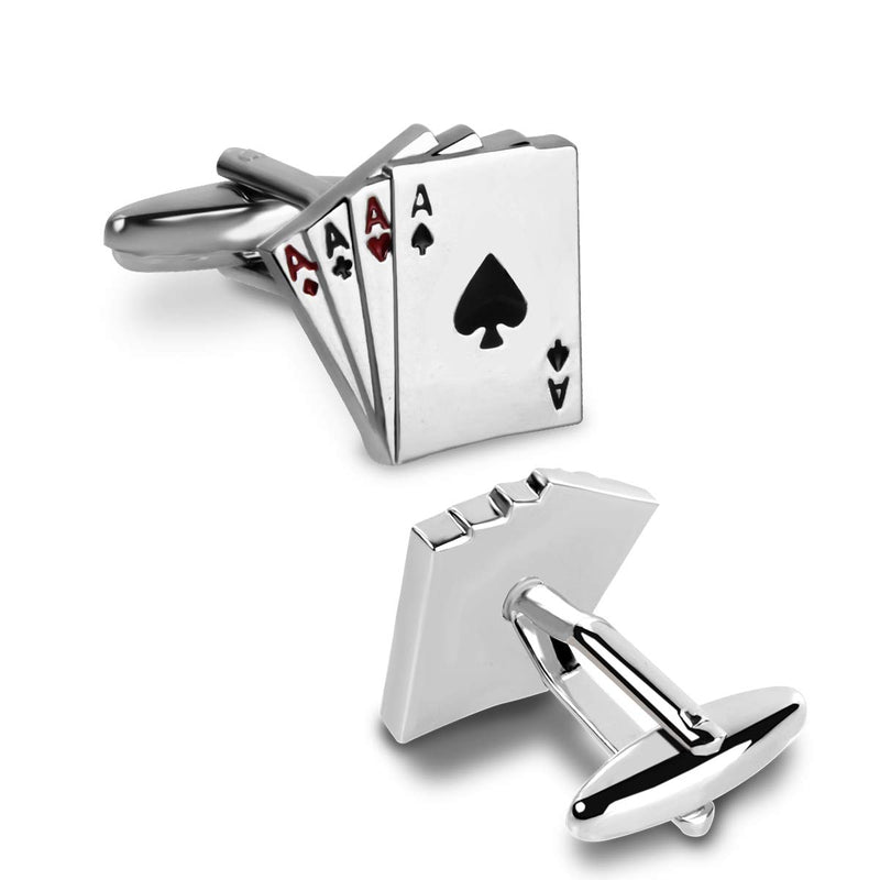 [Australia] - rhungift Cufflinks for Men- Brass Wedding Business Mens Gifts Playing Cards 4A Poker Shirts Silver -for Vegas Casino Night Event 