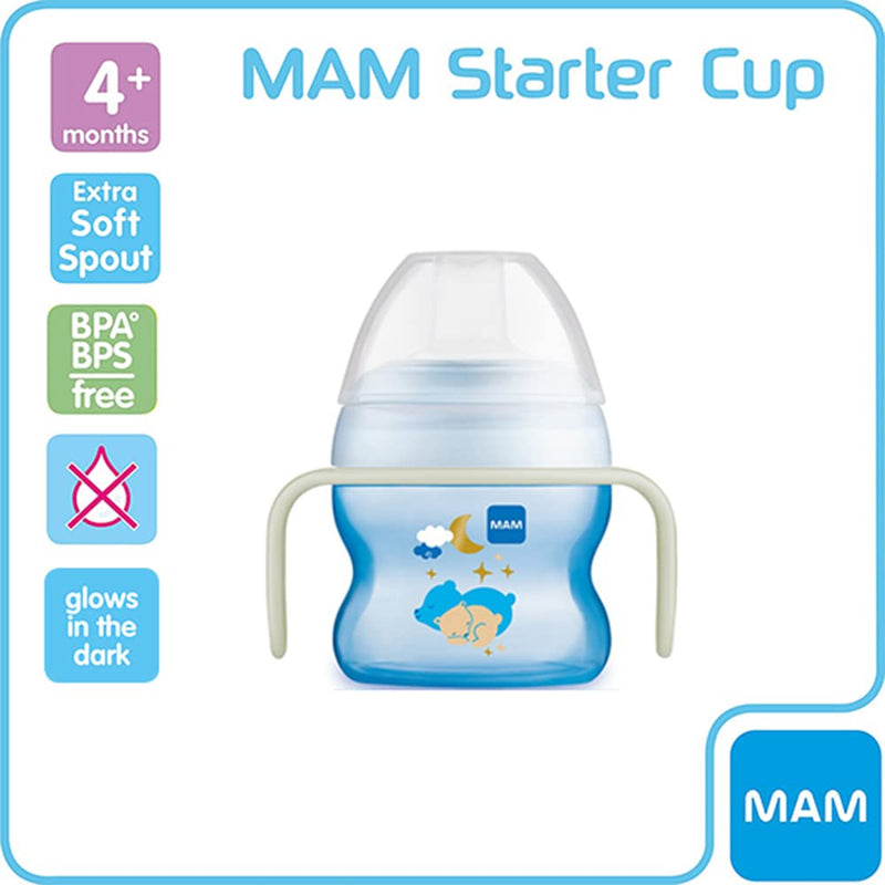 [Australia] - MAM Starter Cup and MAM Glow in the Dark Handles, Baby Cup for 4+ months, Baby Feeding, Glow in the Dark Toddler Cup, 1x 150 ml, Blue (Designs May Vary) Blue Glow in the dark Single 