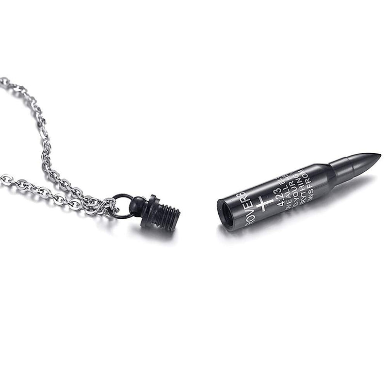 [Australia] - HUANIAN Stainless Steel Scripture Bullet Shape Canister Capsule Memorial Keepsake Pendant Cremation Ash Urn Necklace Black 