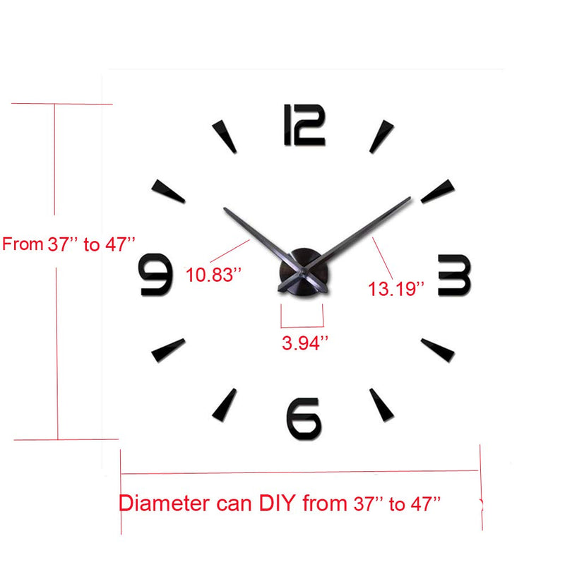 [Australia] - Large DIY Wall Clock Modern 3D Wall Clock with Mirror Numbers Stickers for Home Office Decoration Black 
