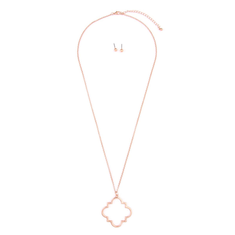 [Australia] - Bohemian Geometric Pendant Long Necklace - Boho Metallic Charm Layering Chain Moroccan Clover Quatrefoil/Floral Filigree/Tassel/Bar/Disc Hoop Clover Quatrefoil - Matte Rose Gold 