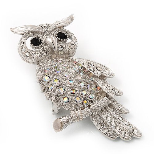 [Australia] - Avalaya Sparkling AB Crystal Owl Brooch (Silver Tone Metal) - 50mm L 