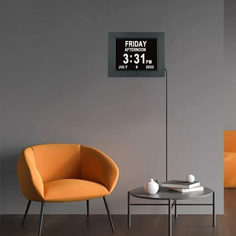 [Australia] - 2022 Upgrade 8 Inch Digital Day Calendar Clock -8 Alarm , Auto-Dimming,12/24H, Extra Large Day Date Time of Week, Dementia, Memory Loss,Impaired Vision Clock for Seniors/Elderly, Alzheimer's(Black) 