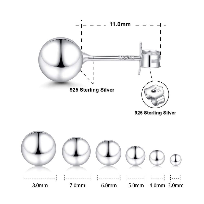 [Australia] - White Gold Sterling Silver Ball Stud Earrings 3mm-10mm Options, Simple Polished Ball Studs Hypoallergenic Jewelry 