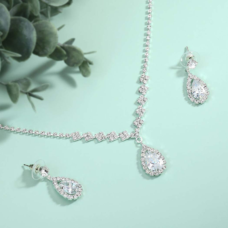[Australia] - Aukmla Bride Wedding Necklace Earrings Set Silver Rhinestones Necklaces Bridal Crystal Jewelry Accessories for Women and Girls Necklace-023 (Set of 3) (Set 1) (Set 1) Set 1 