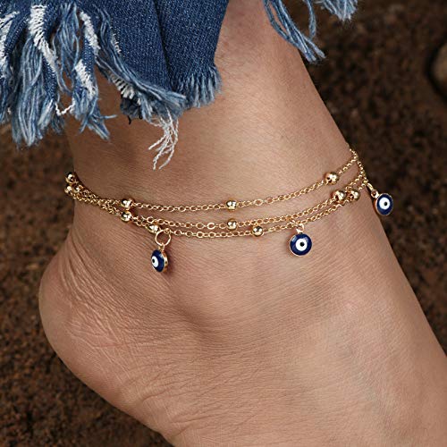 [Australia] - Women Anklet Summer Beach Bare Foot Jewelry Boho Sexy Double Chain Anklet Gift for Women Girls Evil Eye Golden 