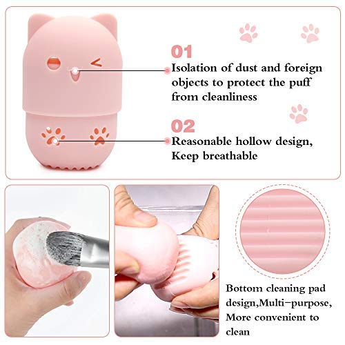 [Australia] - Ozazuco Beauty Sponge Blender Container/2 Beauty Sponge Travel Case and 2 Makeup Sponge Drying Holder/Cute Cat Silicone Makeup Sponge Travel Carrying Case/Beauty Sponge Holder Dry Rack Easy To Carry pink+purple 