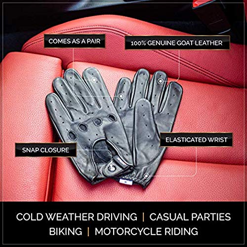 [Australia] - Mens Driving Gloves Basic Soft Goat Leather Fingerless Breathable Biker Motorcycle Riding Cycling Shooting Button Gloves Full Finger, Black Black-Button Small 