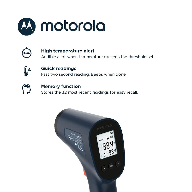 [Australia] - Motorola TE-94 Infrared Touchless Forehead Thermometer for Adults and Kids - Backlit Display, Memory Function, High Temp Alert - Dark Blue 