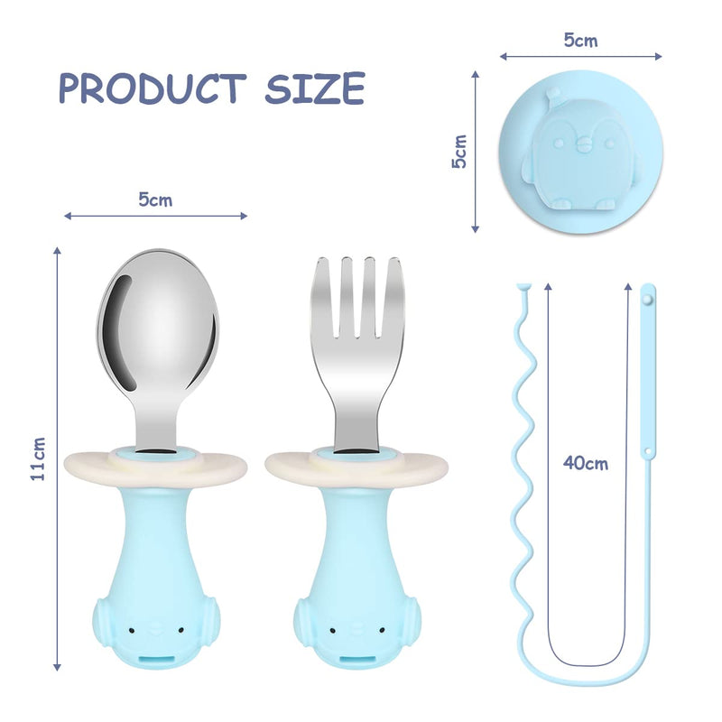 [Australia] - Vicloon Baby Fork and Spoon Set, Silicone Stainless Steel Baby Cutlery for weaning and Learning to use Cutlery, 2 Pcs Baby First Self Feeding Spoon Fork with Rope and Sucker for Babies & Toddlers With suction cup Blue-a 