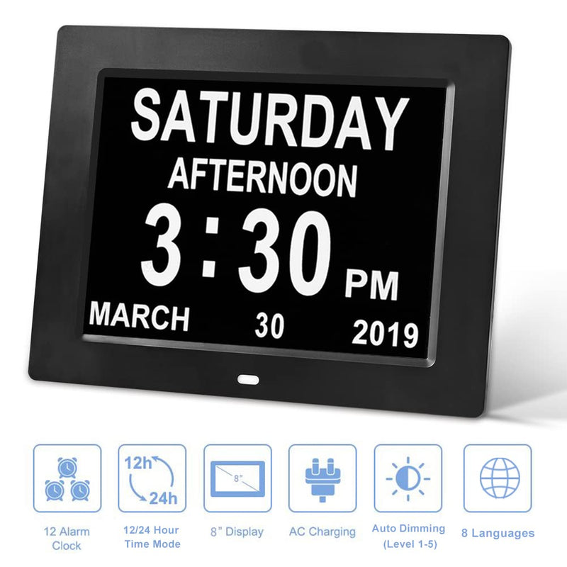 [Australia] - SSINI 2022 Newest Day Clock Digital Calendar Alarm Clock,Extra Large Date Day Time Dementia Clock with 12 Alarm Options,Auto Dimmable,4 Display for Seniors,Alzheimer's, Vision Impaired ,Memory Loss 8"black 8 INCH 