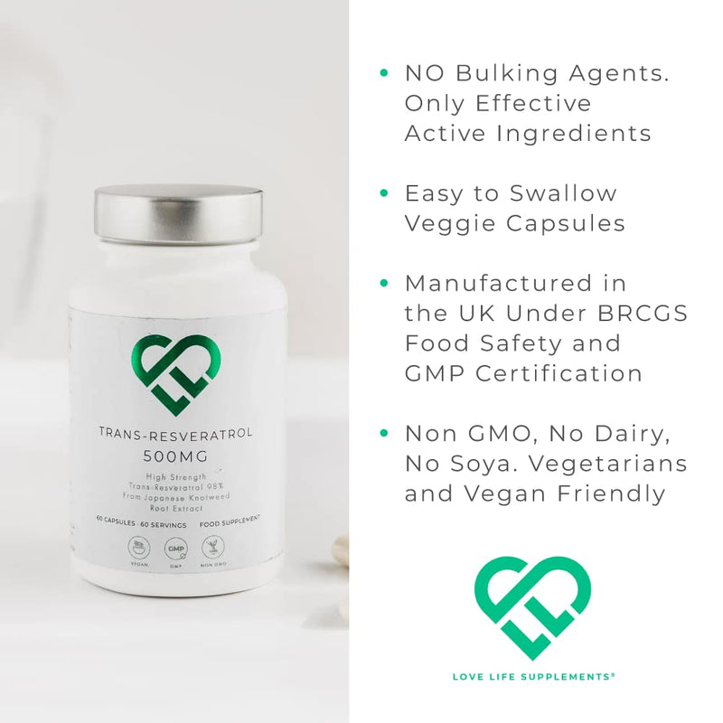 [Australia] - High Strength Trans-Resveratrol by LLS | 500mg x 60 Capsules / 60 Servings | from Japanese Knotweed Root Extract | Pure Fill (Nothing Else Added) | Love Life Supplements 