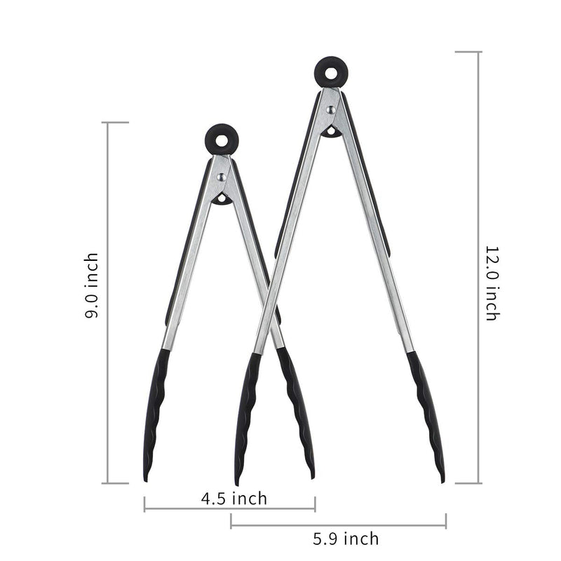[Australia] - iNeibo Kitchen Tongs - 9'' & 12'' Non-Slip Smart Locking Stainless Steel Cooking Tongs with Silicone Tips for Grilling BBQ Serving Salad Ice (Black) Black 