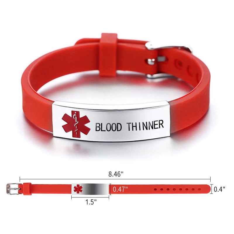 [Australia] - HEABY Medical Alert ID Bracelet Laser Engraved Blood THINNER Adjustable Wristband for Men Women Emergency First Aid Red 
