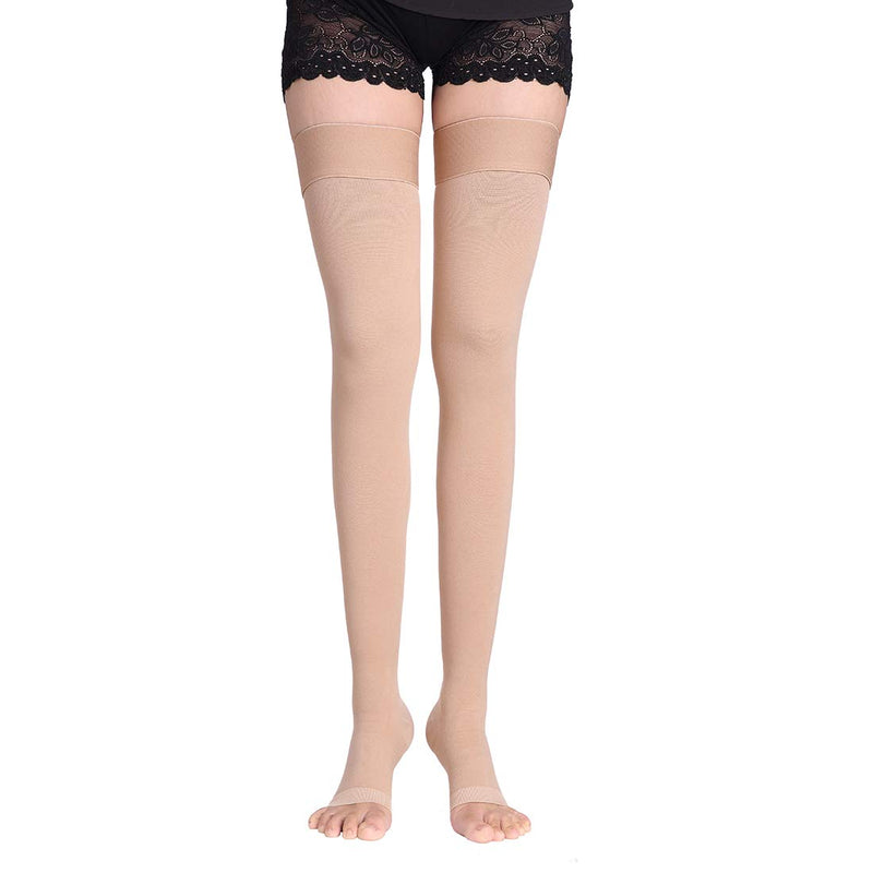 [Australia] - Thigh High Compression Socks for Men & Women, 20-30 mmHg Open Toe Stockings. Nude Small 