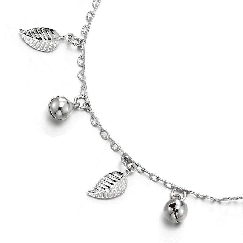[Australia] - COOLSTEELANDBEYOND Unique Link Chain Anklet Bracelet with Dangling Charms of Leaves and Jingle Bells, Adjustable 
