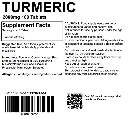 [Australia] - Turmeric 2000mg 180 Tablets High Strength UK Made Supplement Letterbox Friendly Turmeric Extract (Curcumin) Vegan Joint Health 