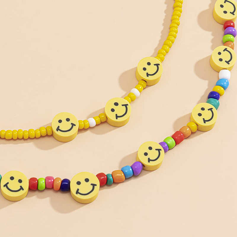 [Australia] - Boho Smiley Layered Beaded Necklaces with Strand Bracelet, Smile Face Star Fruits Flowers Heart Shape Beads Pearl Stackable Collar Necklace Anklet for Women Girls Vsco Summer Beach Trip A 3pcs smiley 