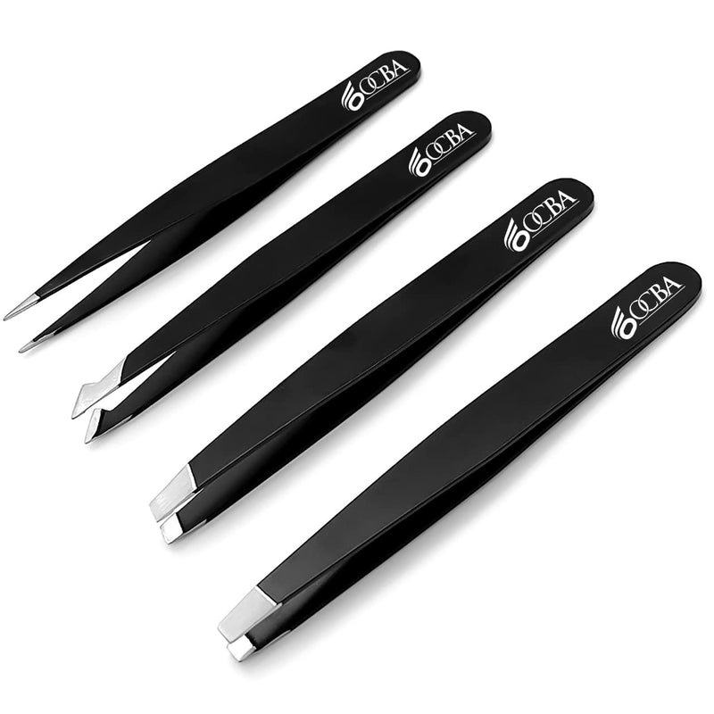 [Australia] - OCBA 4 Pcs Black Tweezers for Facial Hair Women & Men for Precise Grooming of Eyebrows - Professional Stainless Steel Black Color Coated Eyebrow Tweezers for Ingrown Hair on Nose Ear (Black) 