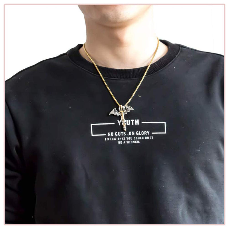 [Australia] - Nsitbbuery Hip Hop Stainless Steel Wings Dragon Tag Pendant 20" Plated 18K Gold Square Box Chain Necklace 