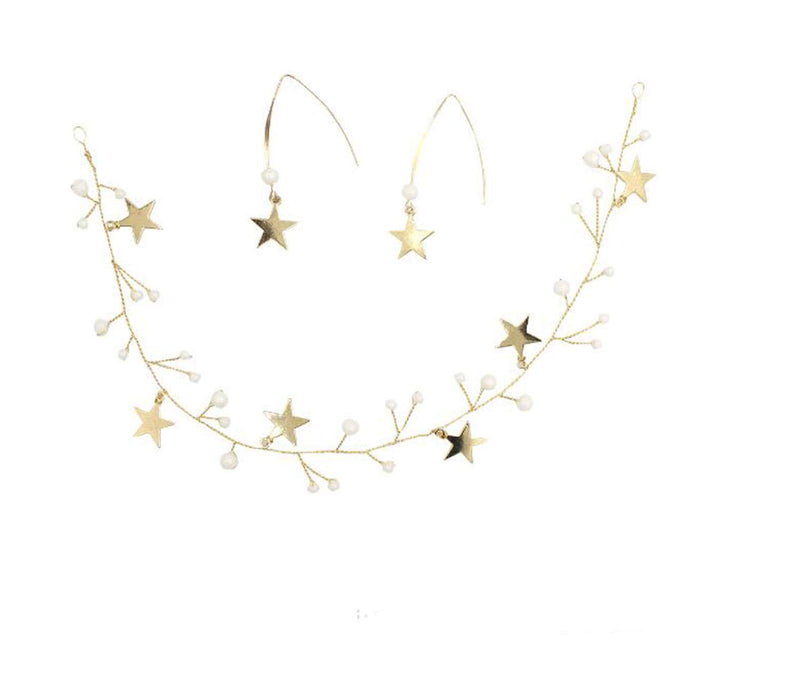 [Australia] - BERYUAN Sequins Pearl Star Headband Earrings Set Gold Wedding Hair Accessories Tassel Star Pendant Jewelry for Her Gift for Women Girls (Gold) 