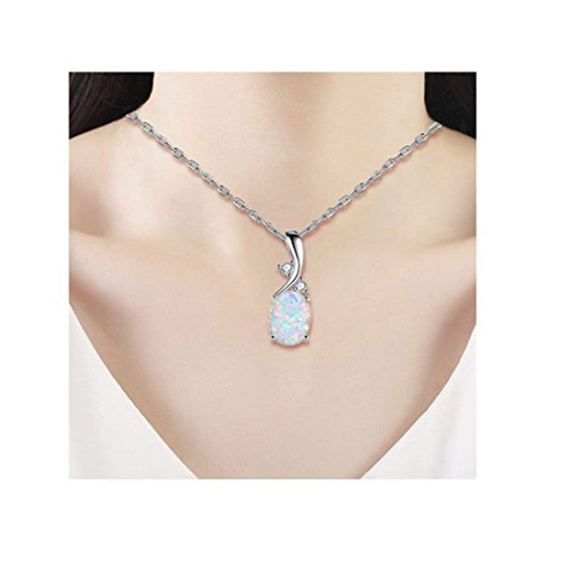 [Australia] - AILUOR Sterling Silver Created Gemstone Oval Birthstone Opal Pendant Necklace for Women Mother Girls 