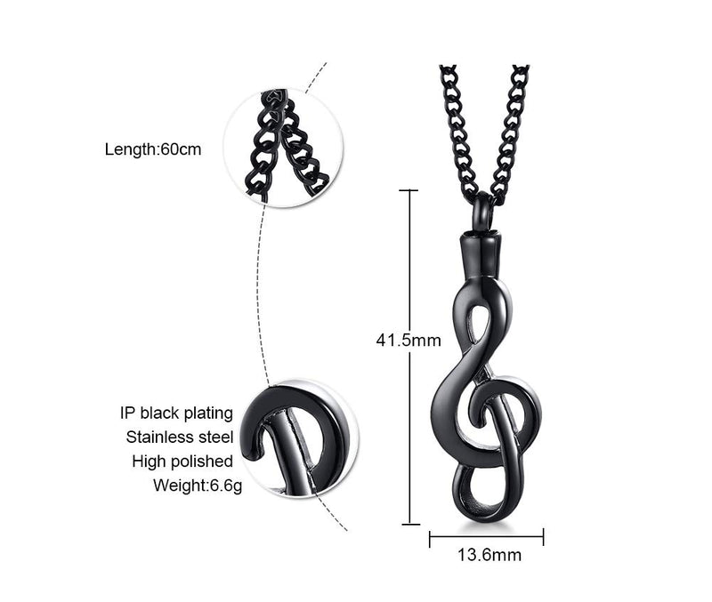 [Australia] - MEALGUET Stainless Steel Musical Note Openable Cremation Urn Pendant for Ashes Memorial Necklace Keepsake Jewelry,24" Chain Black 1x necklace 