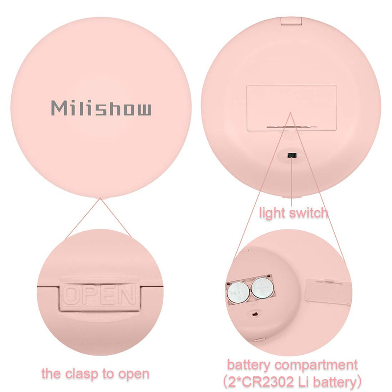 [Australia] - Milishow Travel Mirror with LED Lighted,1x/10x Magnification Compact Mirror with Light, 2-Sided Illuminated Folding Round Mirror, Handheld Pocket Makeup Mirror (Pink) Pink 1pc 