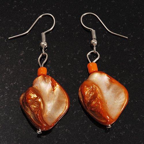 [Australia] - Orange Shell Bead Drop Earrings (Silver Tone) 