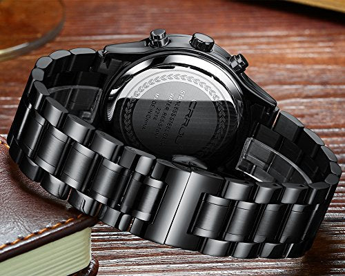 [Australia] - CRRJU Men's Fashion Stainless Steel Watches Date Waterproof Chronograph Wristwatches,Stainsteel Steel Band Waterproof Watch Black Black 