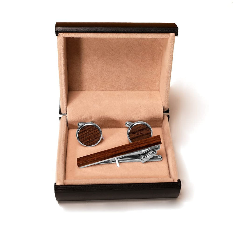 [Australia] - 2 inch Tie Clip and Cufflink Sets for Men, Tie Clips Sets for Men Wood Inlay Tie Clip & Round Cufflinks with Gift Box,Tie Clips Set for Formal Business Wedding 