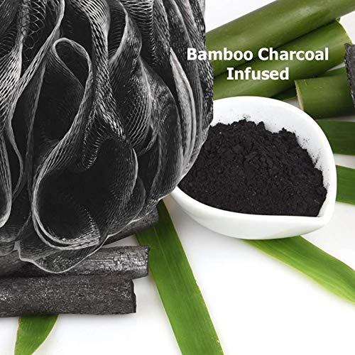 [Australia] - Loofah Charcoal Bath Sponge XL 75g Set by Shower Bouquet: 4 Pack, Extra Large Mesh Pouf Soft Scrubber for Men and Women - Exfoliate with Big Black & White Gentle Cleanse in Beauty Bathing Accessories 