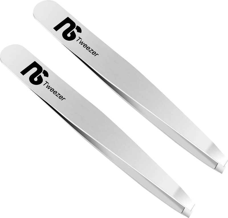 [Australia] - Slant Tweezers (2_Pack) – Professional Tweezers for Eyebrows, Stainless Steel Brow Plucking Tweezer and Best Precision Hair Plucker for Expert Personal Care, Natural Silver Color Natural Color 2-Pack 