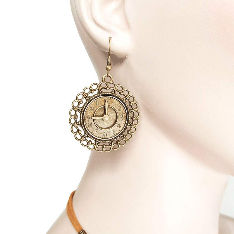 [Australia] - Juland Steampunk Gears Pendant Statement Necklace Vintage Bronze & Silver Watch Clock Clockwork Hand Gear Cog Handmade Kinetic Winged Gear Necklace and Earring Set - Y503 