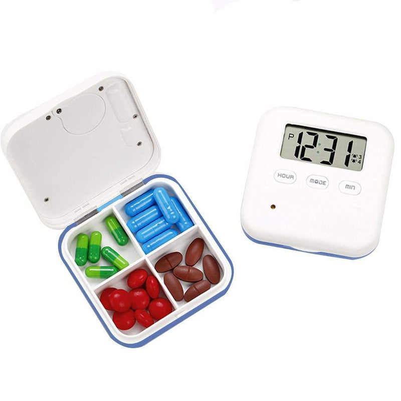 [Australia] - Hanguang Pill Box, 4 Compartment Intelligent Sealed Alarm Pill Box, Mini Portable Electronic Pill Timer-Reminder-Dispenser with Digital Screen for Vitamins, Cod Liver Oil, Supplements and Medication Blue 