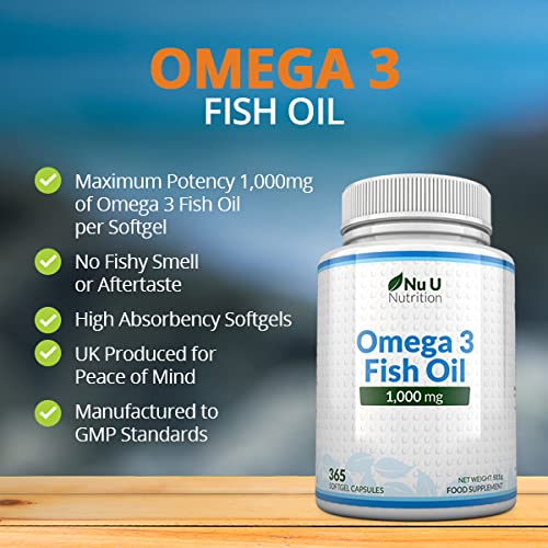 [Australia] - Omega 3 Fish Oil 1000mg - 365 Softgel Capsules - Up to 12 Month�s Supply - Pure Fish Oil with Balanced EPA & DHA - Contaminant Free Omega 3 - Made in The UK by Nu U Nutrition 