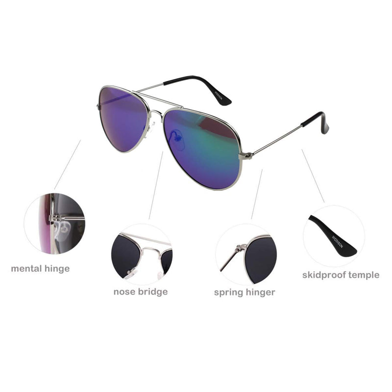 [Australia] - WODISON Classic Kids Aviator Sunglasses Reflective Metal Frame Children Eyeglass Silver Frame Blue Mix Green Lens 