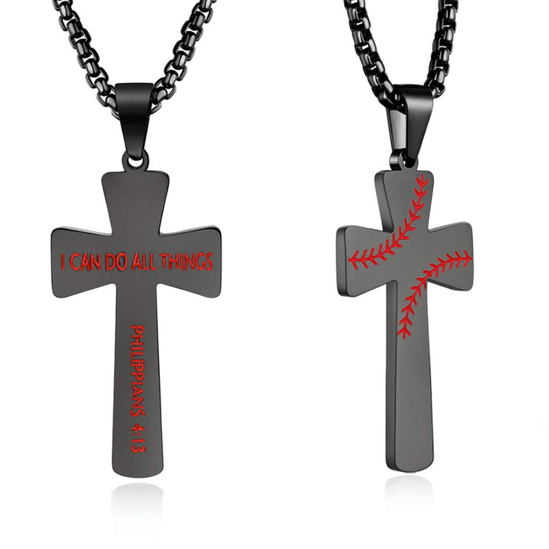 [Australia] - XIEXIELA Baseball Cross Pendant Necklaces, I CAN DO All Things Strength Bible Verse Stainless Steel Sport Necklace with Chain 22"+3" B-Black necklace+bracelet 