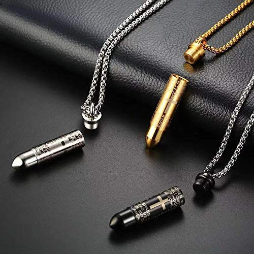 [Australia] - Norya Bullet Cremation Jewelry Urn Necklace for Ashes Stainless Steel Memorial Cross Bible Lord Prayer Urn Pendant (Gold Plated) Silver Tone 