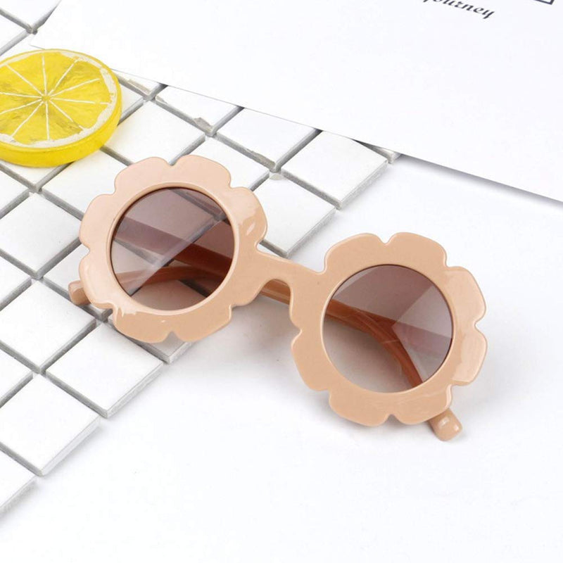 [Australia] - Kids Sunglasses Round Flower UV400 Protection Colorful Glasses for Children Girl Boy Cream Beige Frame/Brown Lens 