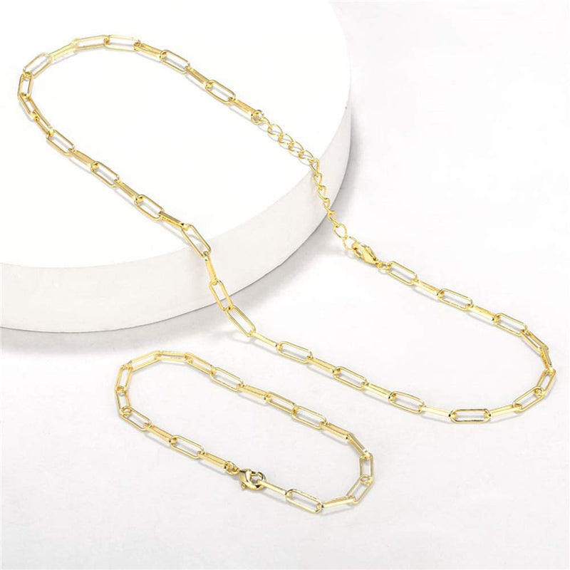 [Australia] - JAYUMO 14K Gold Plated Chain 4mm Dainty Rectangle Link Choker Necklace for Women 16 inch Necklace and 7.5 inch Bracelet Set 