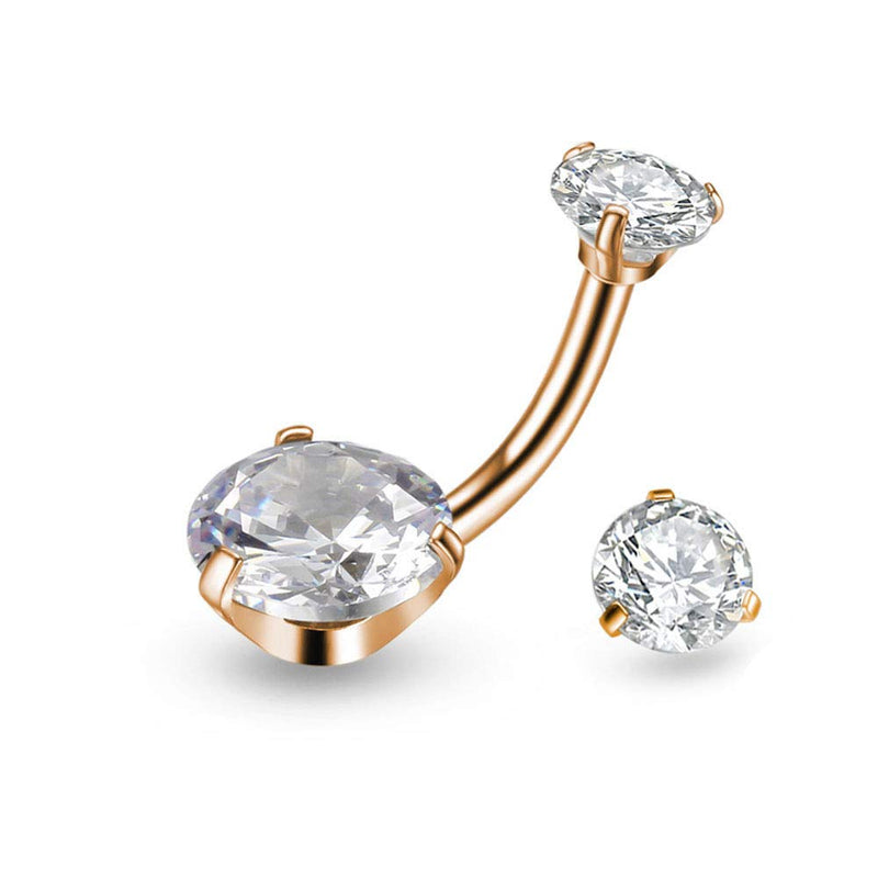 [Australia] - Gnoliew Belly Button Rings Round Cubic Zirconia Navel Barbell Stud Body Piercing A,Rose Gold+Clear 