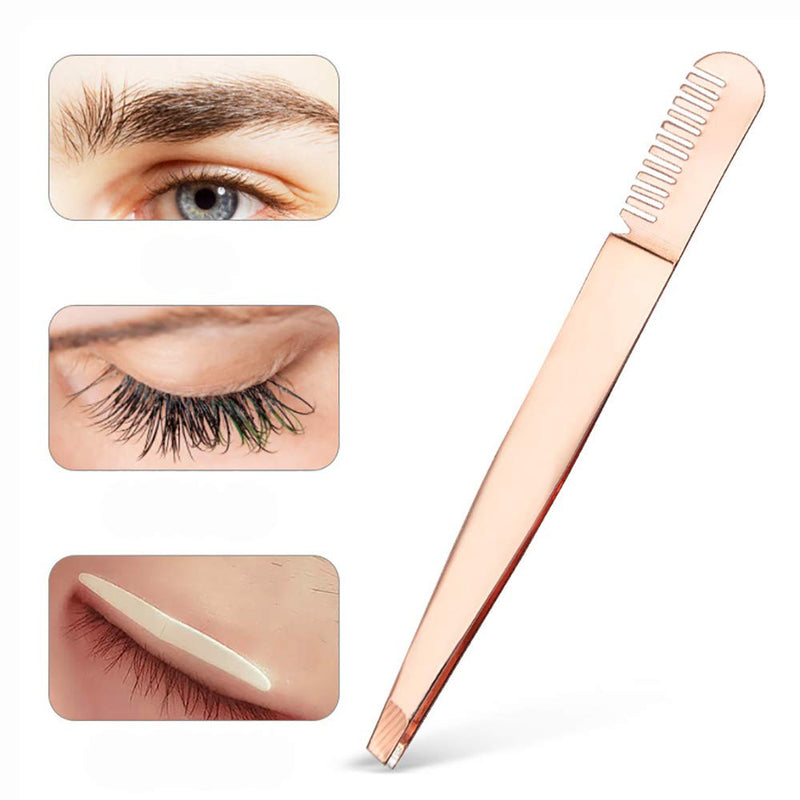 [Australia] - Amaok Eyebrow Tweezer with Comb - Tweezer Slant Tip, Professional Stainless Steel Slant Tip Tweezer - The Best Gold Precision Eyebrow Tweezers 