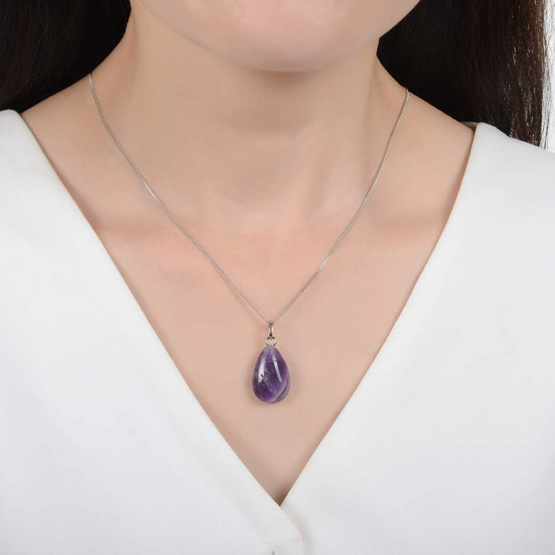 [Australia] - Sterling Silver Gemstone Pendant Dainty Necklace 18 inch Natural Healing Crystals Chakra Gem Stones Anniversary Birthday Mother's Gifts Amethyst 