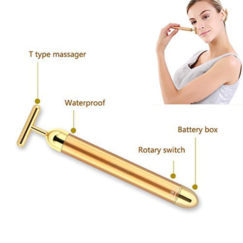 [Australia] - Beauty Bar 24k Golden Pulse Facial Massager, T-Shape Electric Sign Face Massage Tools for Sensitive Skin Face Pull Tight Firming Lift 