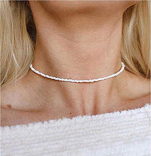 [Australia] - Puka Shell Necklace Hawaiian White Turquoise Bead Choker Beach Necklace for Women Girls (White Bead) 